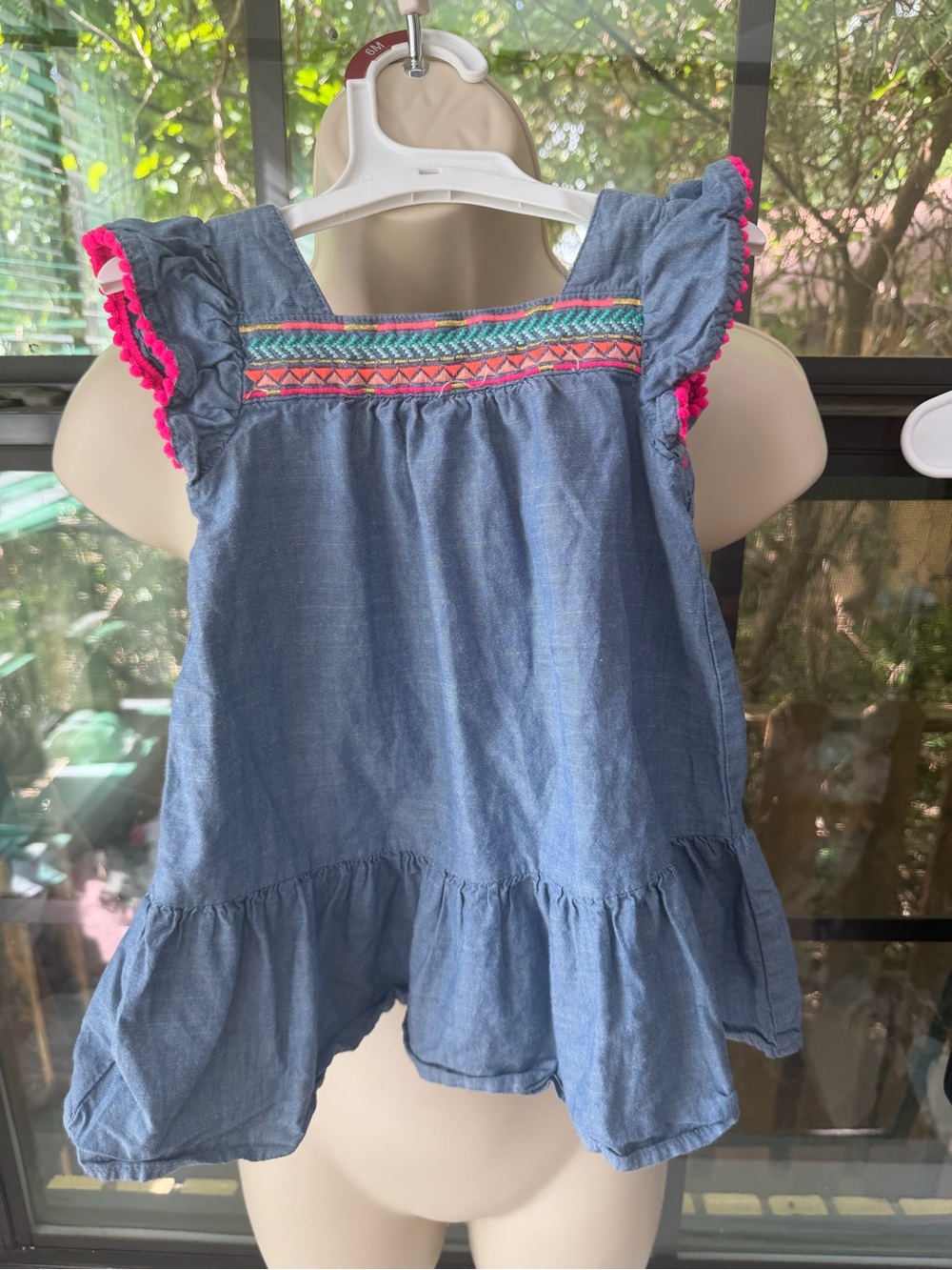 Cherokee Blue Chambray Top with Neon Pink Trim